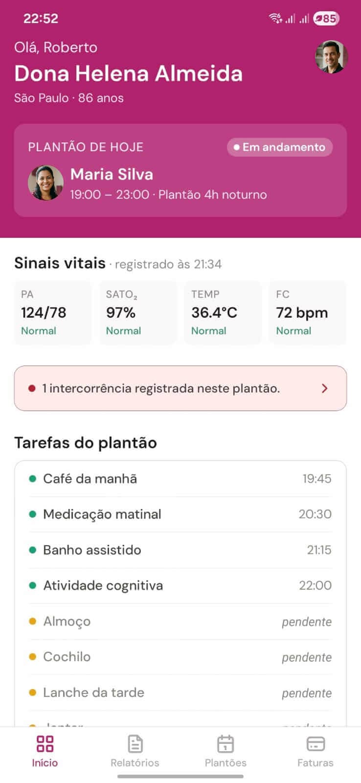 Home do app Clicare com plantão em andamento
