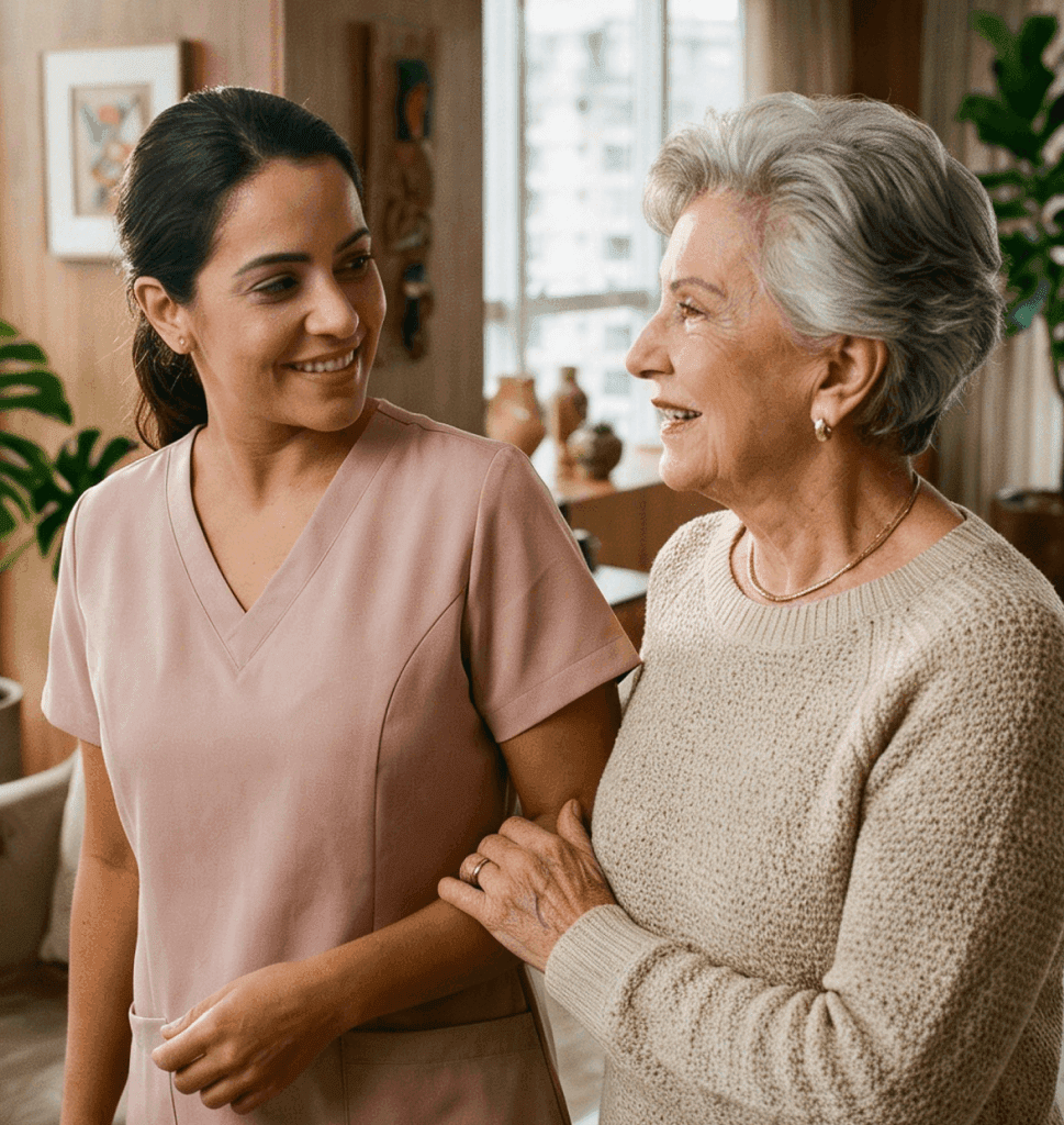 Idosa sendo abraçada pelo cuidador